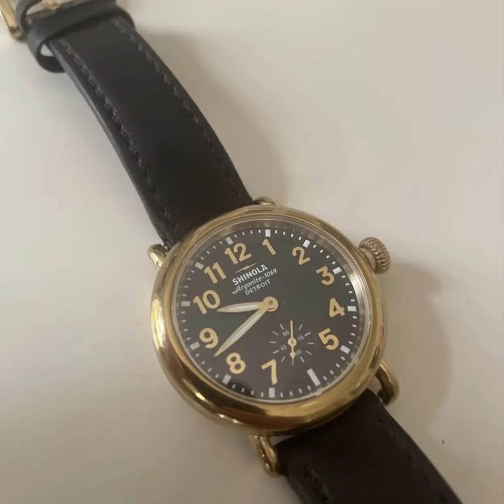 Shinola Runwell watch, 41mm, gold case, black dial